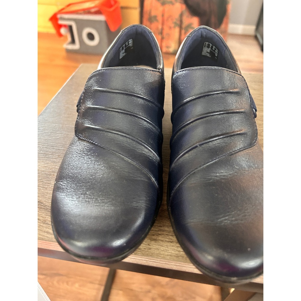 Clarks Womens Navy Blue Leather Pleated Slip On Loafers Comfort Wedge Shoes 6
